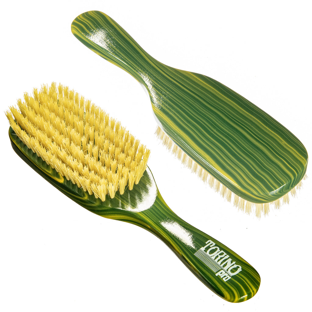 Torino Pro Wave Brush #223-  7 Row Medium Soft Brush Long handle- 100% Pure Boar Soft Bristles- Great brush to lay down frizz and Waves